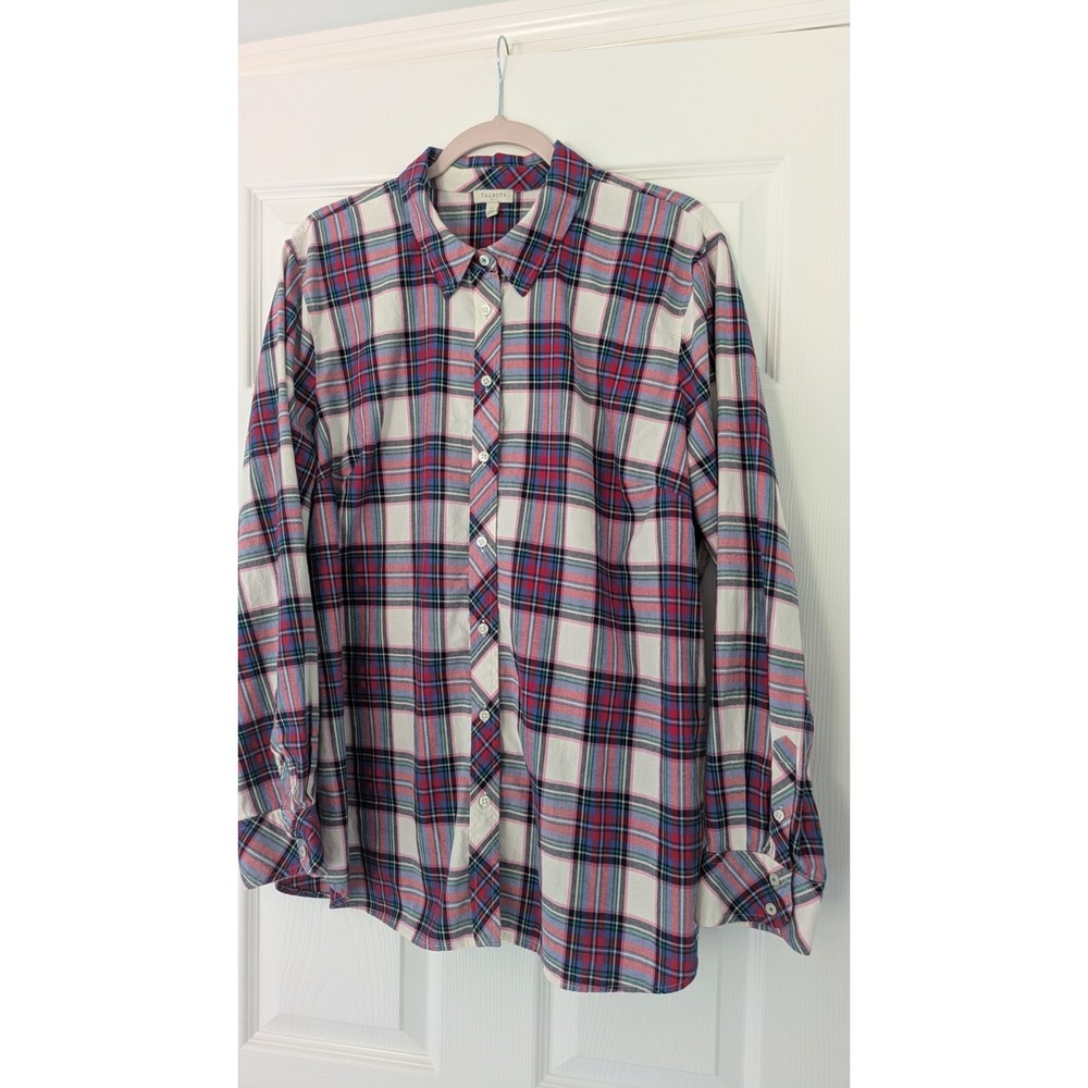 Talbots Women's XL Button Down Top Blue Red Green Plaid Career Holiday Fall
